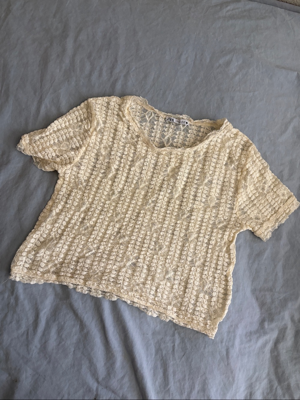 Zara Cream Crochet Short Sleeve Top